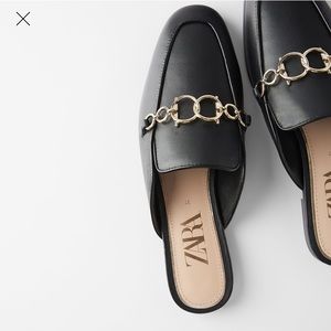 Zara Leather Loafer Mules w/Chain